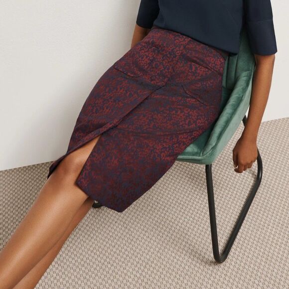 Libby London Chester Jacquard Skirt Career Pencil Navy Burgundy UK 12 US 8 - Picture 1 of 11